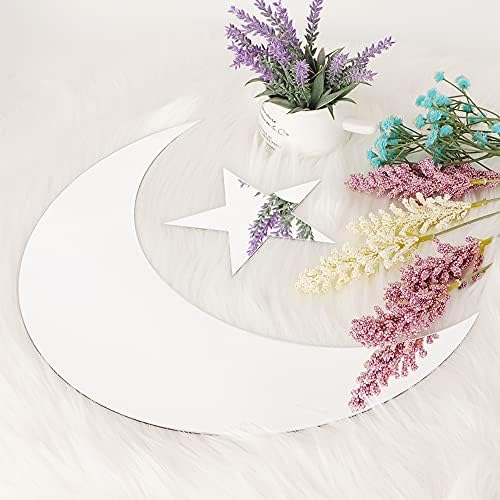 Mulaibdin 2pcs Crescent Moon and Star Mirror, Self-Adhesive Scandinavian Moon Mirror Wall Decor, Bohemian Style Aesthetic Home Decor for Bedroom Living Room (Silver)