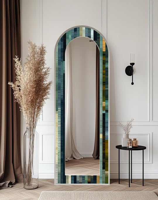 Specchio da pavimento a mosaico ad arco a tutta lunghezza - Specchio da pavimento a mosaico a corpo intero con cornice nera e cornice nera