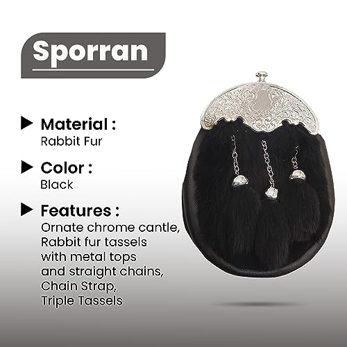 Kid's Black Rabbit Fur Formal Sporran w/Sporran Chain, Black Sporran for Kids Kilt (Black, Up to 12 Years)2