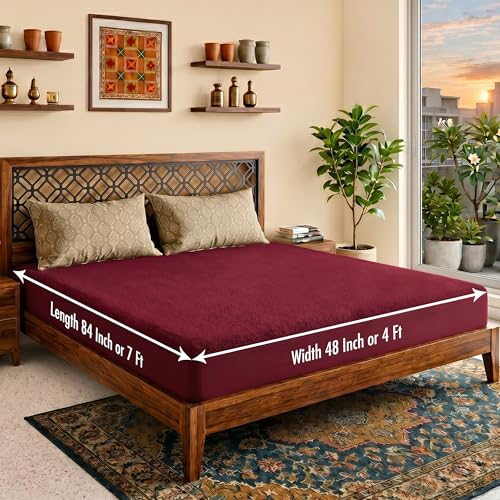Image of Lithara Terry Cotton Fitted Mattress Protector for Single Bed | Waterproof & Elastic Band | Ultra Soft & Hypoallergenic Mattress Cover | Size : 48 x 84 Inches (4 x 7 Feet) | (Maroon)