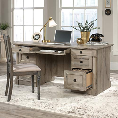 Image of Sauder Palladia Office Desk with Drawers, Executive Desk with File Cabinet Storage, Cable Management, Keyboard Tray, in Split Oak Finish