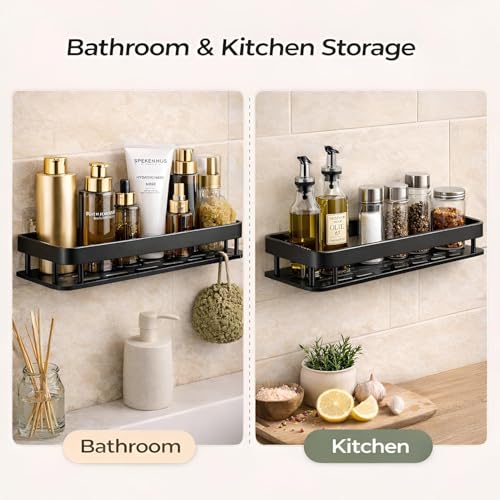 Image of TEKCOOL Bathroom Shelf Without Drill for Wall | Self Adhesive Bathroom Organiser | Wall Mounted Bathroom Shelves Rack | Strong Adhesive Storage Organizer Stand (Black, Pack of 1)