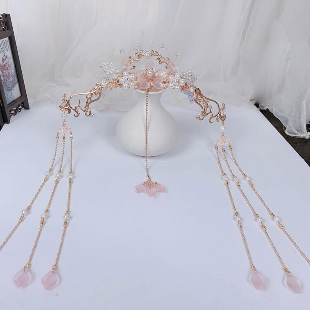 Horquilla larga china con borla larga con flor y perlas Hanfu. Accesorios para el cabello