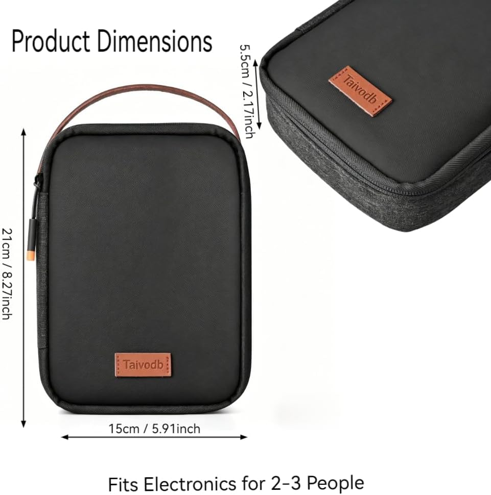 Travel Tech Organizer Pouch, Water-Resistant with Leather Handle | 4 Layers, 3 Layouts, iPad Mini-Sized, Holds Cables & Power Bank. 600D Water-Resistant, Leather Handle, 0.36 lb. Black/Grey