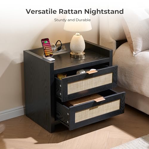 Image of SICOTAS Black Nightstands Set of 2 Bed Side Table - Boho Night Stand End Table with Type-C Charging Station, 2 Rattan Decor Drawers Storage Cabinet Night Stands for Bedroom, Black Oak