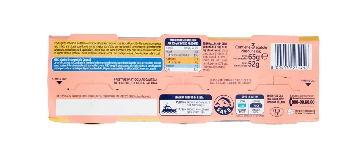 Rio Mare Thunfisch in Olivenöl mit Zitrone & Schwarzem Pfeffer, 6x Packung à 3x65g (18 Dosen, 1,17kg) verzehrfertig für Salate & Pasta + Italian Gourmet polpa