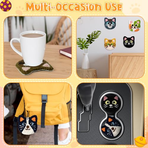 Image of WATINC Craft Punch Needle Coaster Kit, 22Pcs Easy Art Work Decor Craft Supply for Beginners, DIY Set of 6 Kitten Head Pattern Tufted Rug Pads with Adhesive Felt Yarns Embroidery Hoop Tools Instruction