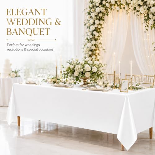 Image of 6 Pack White Plastic Tablecloths, 54 x 108 Inch Disposable Covers | Ideal for Weddings, Bridal Showers, Birthdays and Graduations, Helping Protect Tabletops and Simplify Event Cleanup