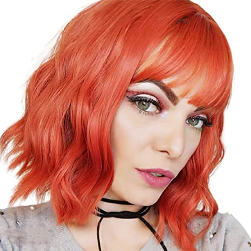 Synthetic Wig With Bangs Short Bob Wig Synthetic Hair 14 Inch Heat Resistant Synthetic Wigs Orange Wet And Wavy Shoulder Wig