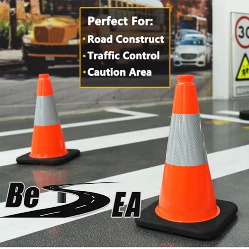 Image of (8 Cones) BESEA 18 inch inch Traffic Cones Traffic Safety Cones Black Base Construction Road Parking Cone with 6 inch Highly Reflective Collar(8Pack)