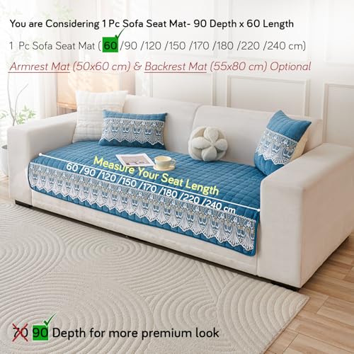 Image of HOKIPO 'BelleLace Series' Imperial Milk Velvet Sofa Cover Mat with Lace Design| Make Your Own Sofa Cover Set, Mat Length 90(D) x 60(L) cm, Celdaon Blue (NEW-AR-5962-BL)