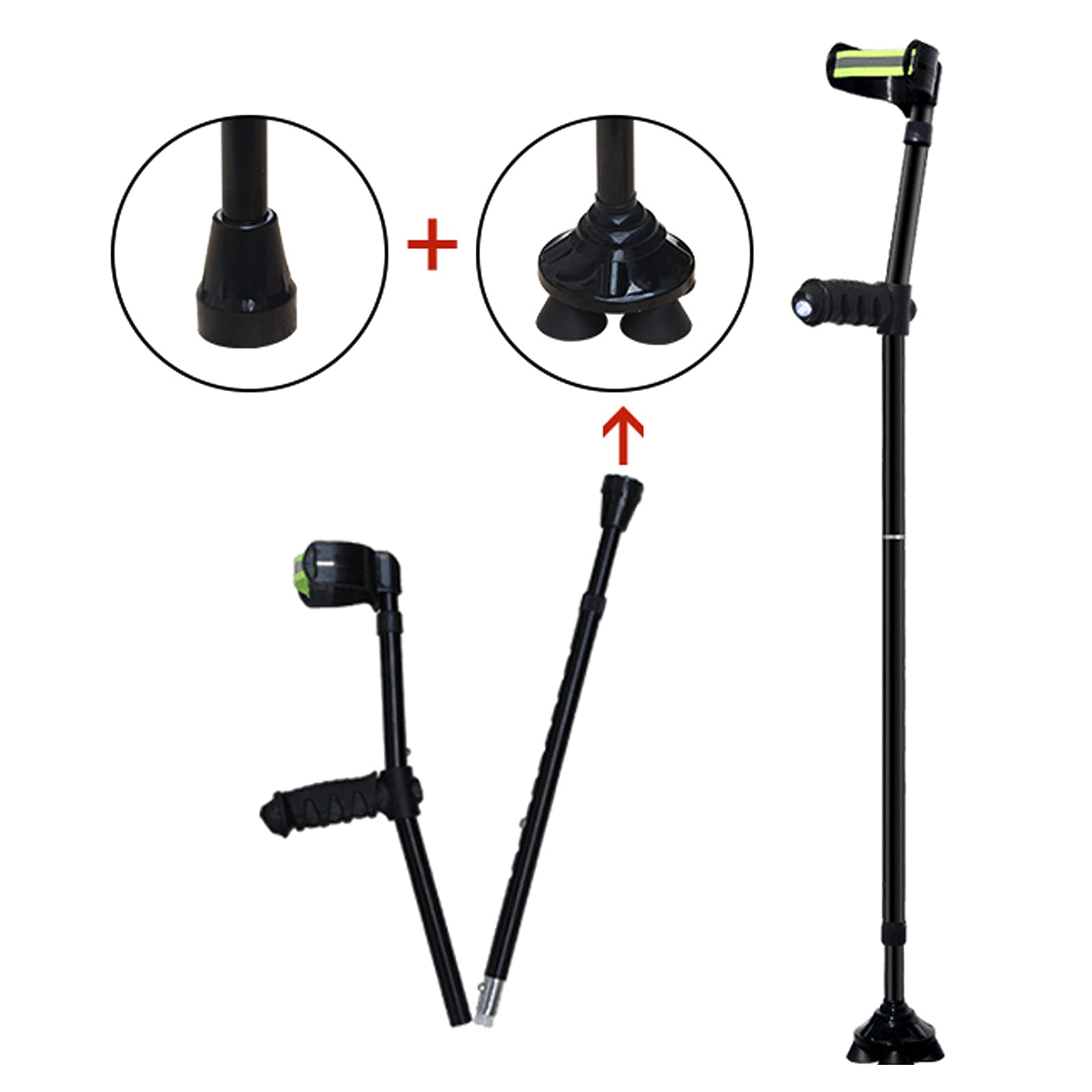 Stampella per avambraccio per adulti, stampella pieghevole con polsino aperto con luci a LED Stampella in alluminio leggera regolabile per adulti e bambini con altezza 150-196 cm