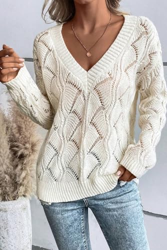 Women's Beige Hollow Out Knit Drop Shoulder V Neck Sweater4