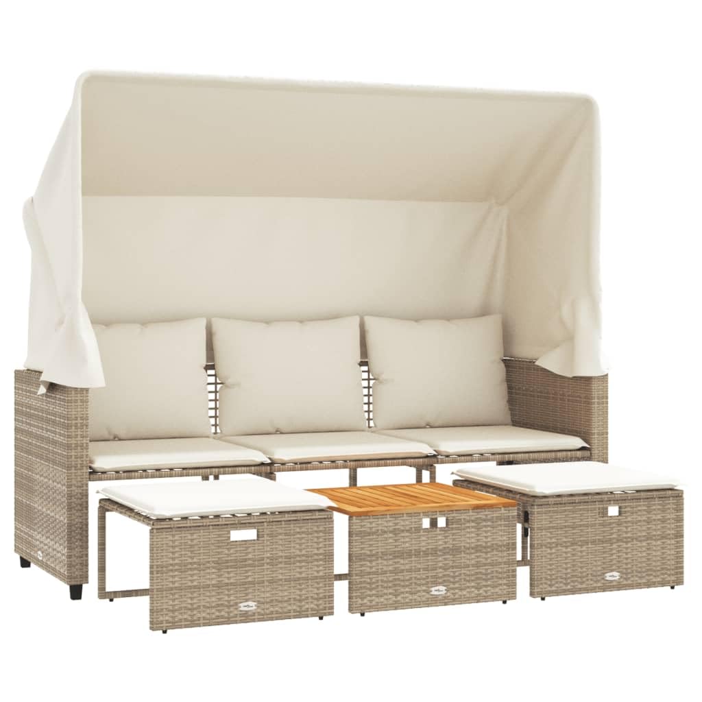 Solivagant Canapé de Jardin 3 Places avec auvent et tabourets Beige rotin,(30 KG)