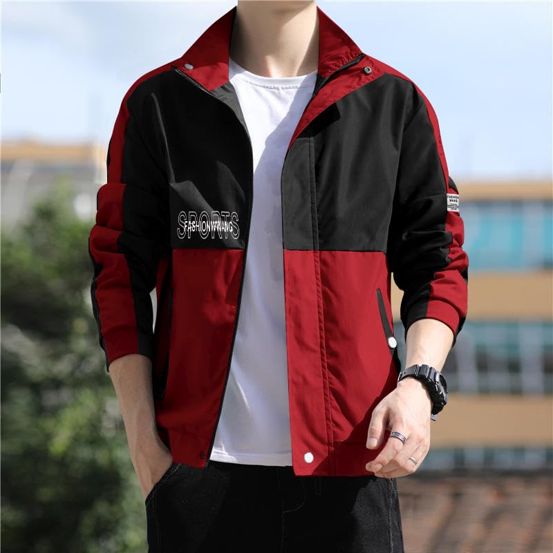 Image of mans jecket|Men's Red & Black Sports Jacket - Lightweight Casual Outdoor Jacket with Pockets, Stylish Color-Block Design