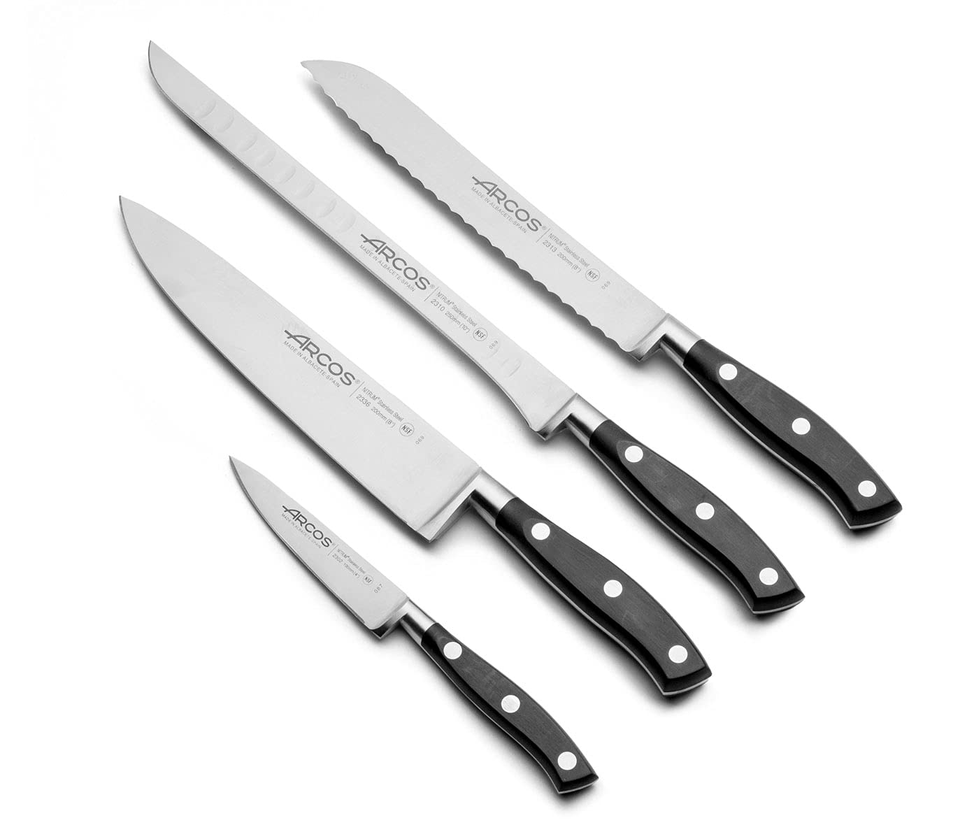 Arcos Conjunto Cuchillos 5 piezas Acero Inoxidable y Hoja mm. 3750 gr. Cuchillo cocina profesional cortar una variedad alimentos con mango ergonómico polioximetileno POM. Serie Riviera. Color negro.