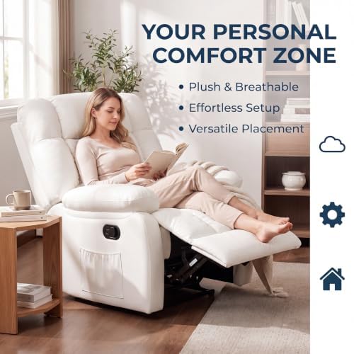 Image of Oversized Recliner Chair, Leather Recliner Adjustable with Side Pockets, Living Room Reclining Lounge Chair for Adults, Small Spaces Comfy Sofa with Theater Seating for Bedroom, Movie,White