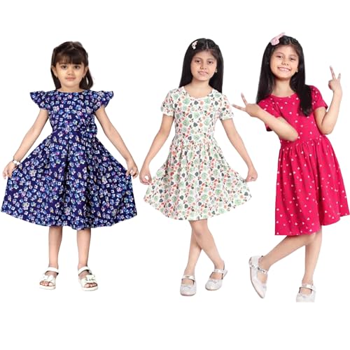 Image of Girls Pure Cotton Casual Round Neck Regular feet Multi Color Girls Gown Dress Half Sleeve Set of 3 pcs