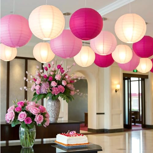 Image of Pink Chinese Paper Lanterns with LED Lights, 10-Pack 10inch | Hanging Lights for Wedding & Bridal Shower, Birthday Party Decorations, Ceiling Decor, Home Party, Baby Shower