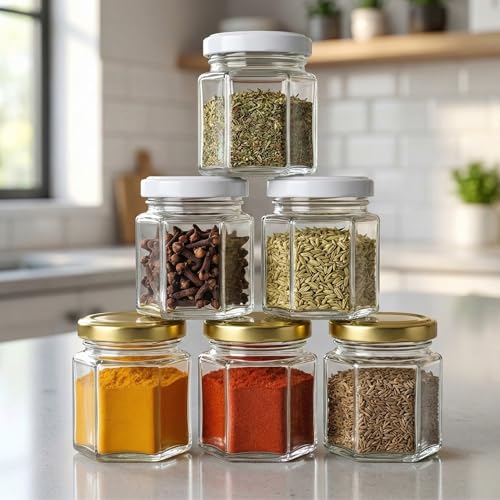Image of Cute Hexagonal 50 grams Airtight Glass Jar Containers for Honey, Spices & other Kitchen Items with Rust Proof Gold & White Color Caps -Set of 06