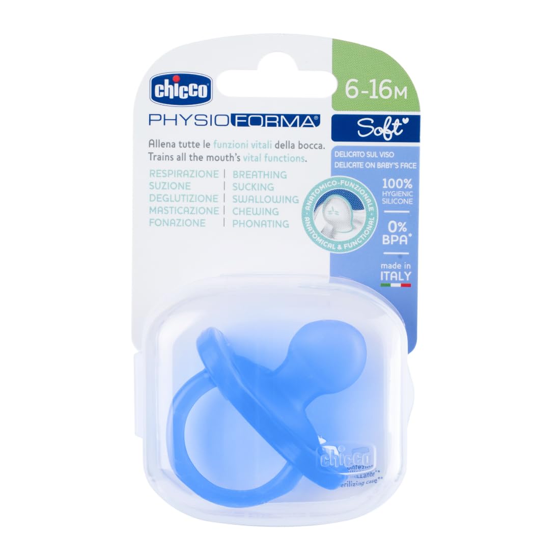 Chicco PhysioForma Soother for Babies (6-16 Months) | Baby Pacifier with Unique Shape to Support Baby's Breathing | Soft Silicon Material | BPA Free (Blue)-image-2