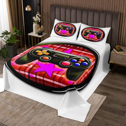jejeloiu Kids Modern Game Console Controller Bedspread Twin Size Red Gamer Quilted Coverlet for Boys Girls Teens Gaming Coverlet Set Game Room Decor Breathable Soft Lightweight 2Pcs