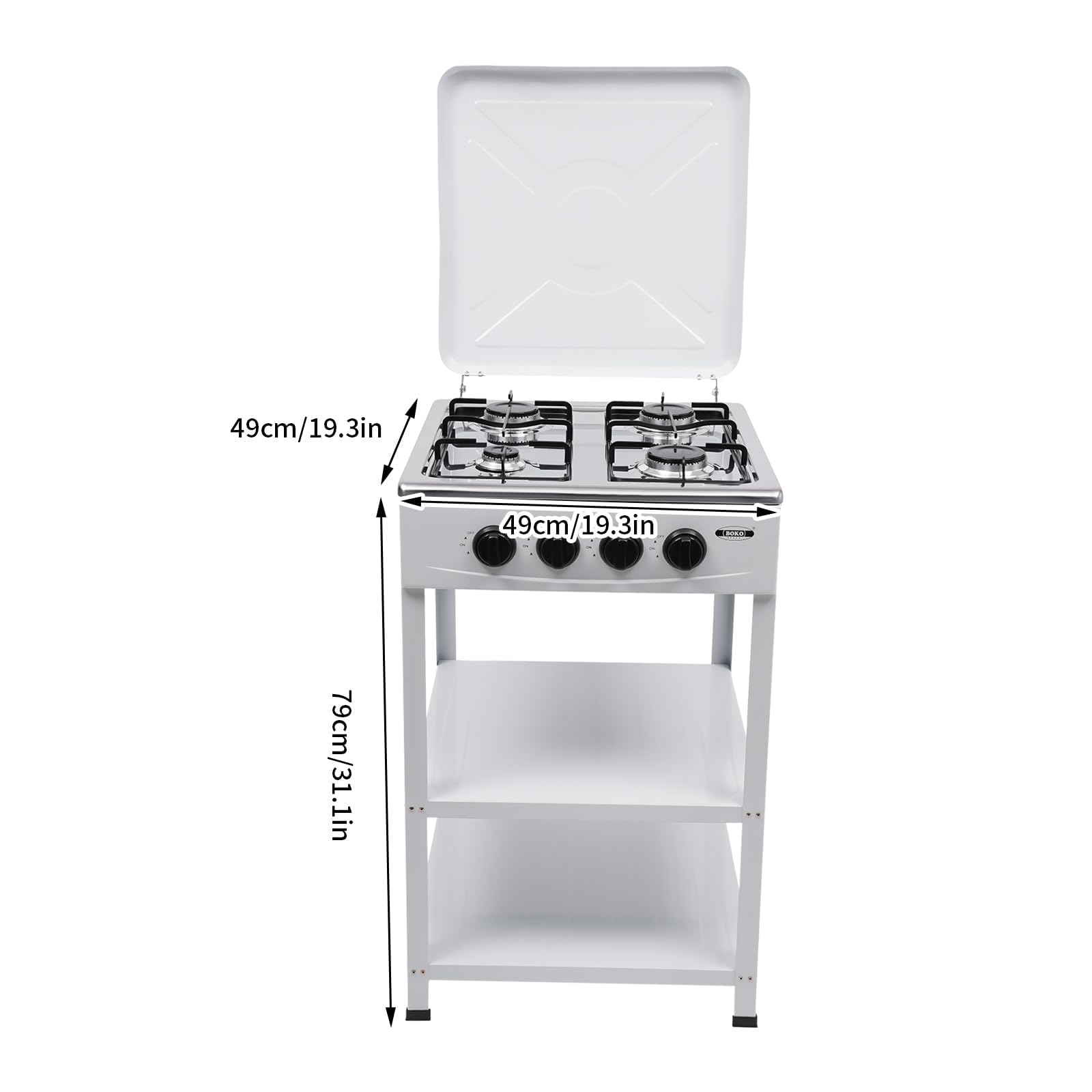 Plaque de cuisson à gaz 4 flammes avec support antidérapant, Cuisinière à gaz naturel autonome, Réchaud à gaz pour camping, Cuisinière à gaz pour camping, 49 x 49 x 79 cm (Blanc)