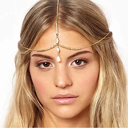 Yizaca Boho Drop Pendant Head Chain Jewelry Gold Vintage Rhinestone Forehead Chain Headpieces Beaded Headband Hair Acessories for Women and Girls