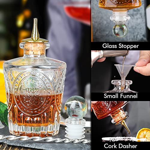 Bitters Bottle Set of 3 Vintage Glass Dasher Bitter Bottles for Cocktail Whiskey Mixing Drinks Dispenser with Cork Stainless Steel Dash Top Antique Professional Bar Restaurantware Kitchen
