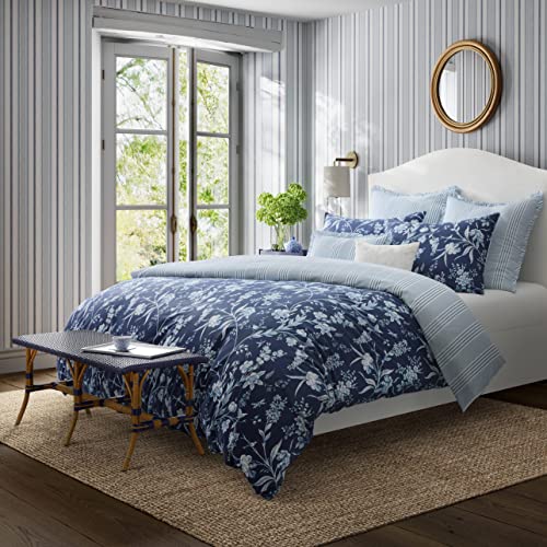 Image of Laura Ashley- King Comforter Set, Cotton Reversible Bedding Set, Includes Matching Shams with Bonus Euro Shams & Throw Pillow Covers (Branch Toile Blue, King)