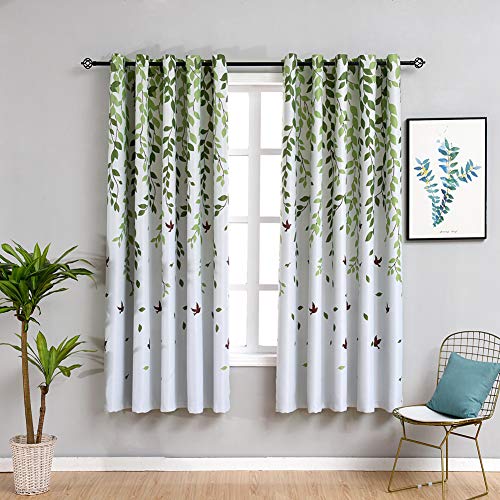 Image of MYRU 2 Panels Set Leaves Bird Curtains 63 Inch Length Semi Blackout Curtains for Kids Room(2 x 54 by 63")