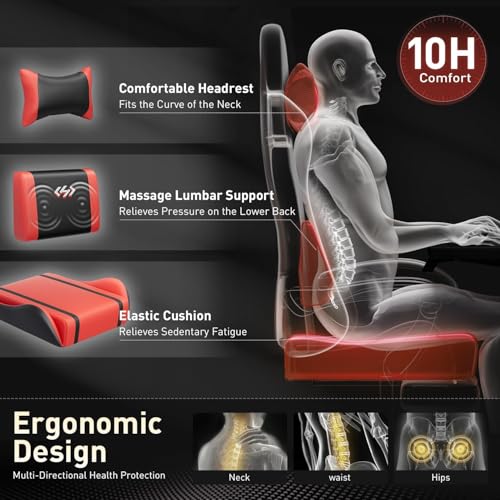 Image of HLDIRECT Gaming Chair, Ergonomic Video Game Seat with 360 Swivel & Lumbar Massage for Adults Home /Office Use, Computer Chair PU Leather Cushion (Black & Red)
