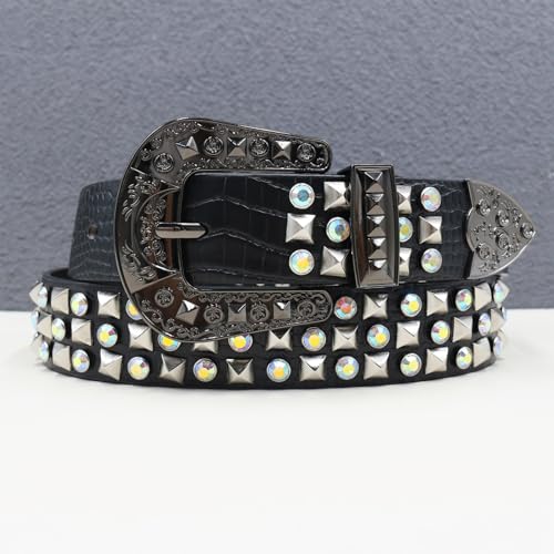 Crocodile Pattern Embossed Studded Belt,Shiny Rhinestone Four-Jaw Square Rivets Western Waist Strap for Women Men 5