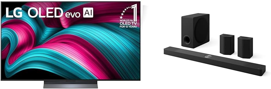 LG 55″ OLED evo C5 Series 4K Smart TV Bundle with 9.1.5-Ch. S95TR Soundbar with Dolby Atmos, DTS:X, Wireless Speakers and Subwoofer Home Theater Bundle