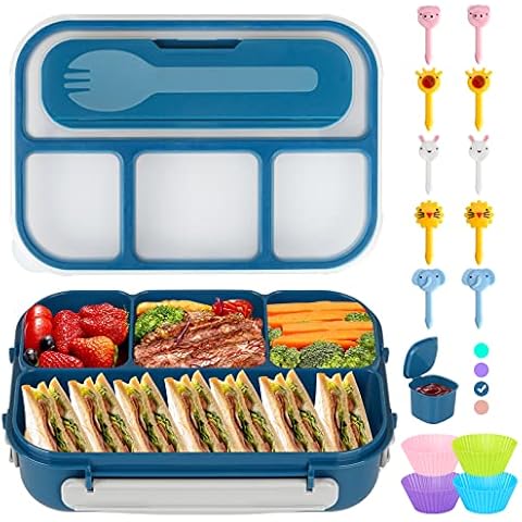 Zekloca Bento Lunch Box, Lunch Box Kids, Bento Box Adult Lunch Box, Lunch Containers for Adults Kids Toddler, 1300ML 4 Compartments w/Food Picks Cake Cups, Microwave/Dishwasher/Freezer Safe (Blue) Cover