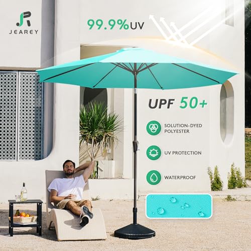 Image of JEAREY 9FT Outdoor Patio Umbrella Outdoor Table Umbrella with Push Button Tilt and Crank, Market Umbrella 8 Sturdy Ribs UV Protection Waterproof for Garden, Deck, Backyard, Pool (Peacock Blue)
