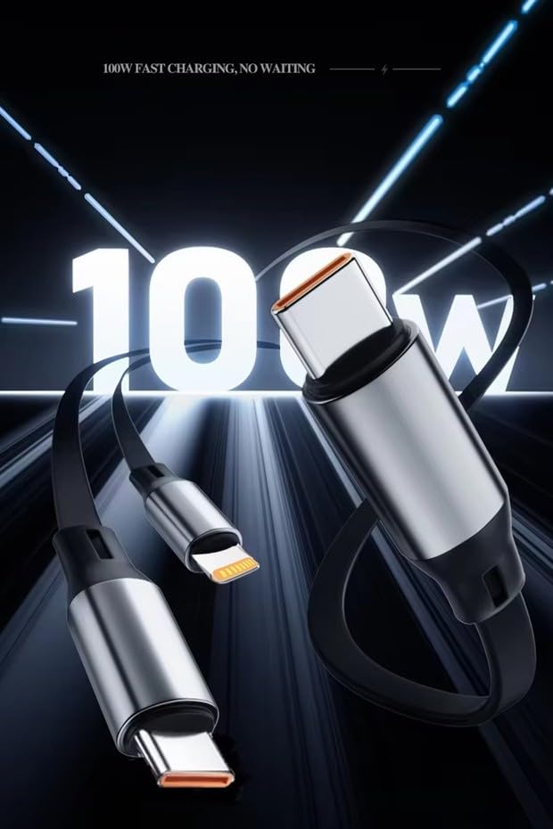 PDAteknoloji 100W PD 3in2 Makaralı USB-A, Type-C, Lightning ile Uyumlu Hızlı Şarj ve Data Kablosu 1.2m MT5018