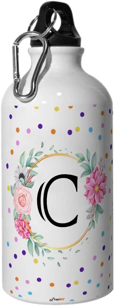 FirseBUY Letters C Water Bottle - Alphabet Floral/Letter Aluminium BPA-Free and Eco-Friendly Water Bottle - Gift for Girls, Boys White (600 ml, Pack of 1)