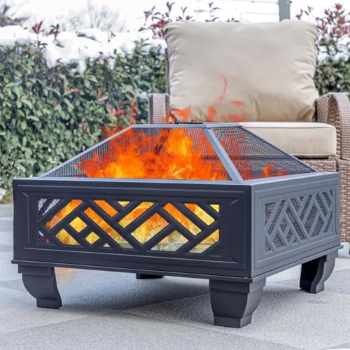 Breezz 26 Inch Wood Burning Fire Pit with Cooking Grill and Spark Screen, Outdoor Metal Firepit for Patio, Backyard, Bonfire Party, Camping and Garden