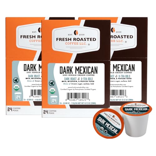 Image of Fresh Roasted Coffee, Organic Dark Mexican K-Cup Pods for Keurig Brewers, Dark Roast, USDA Organic, 3rd Party Tested for Mold, Mycotoxin & Pesticides, Kosher, 24 Count (Pack of 3)