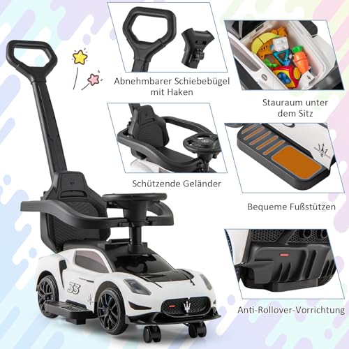 DREAMADE 3-in-1 lizenzierter Maserati Rutschauto, Rutschfahrzeug mit Schiebestange, Musik & Sicherheitsbügel, Schiebeauto für Kinder 18-60 Monate, belastbar bis 25kg (Weiß) – Bild 4