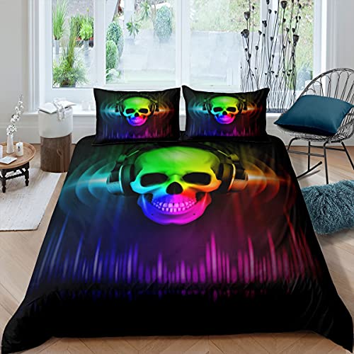Juego de ropa de cama para niños y niñas, con diseño de calavera, estilo punk rocker, calavera, funda de edredón para jóvenes hippie, huesos esqueletos, ropa de cama y ropa de cama individual