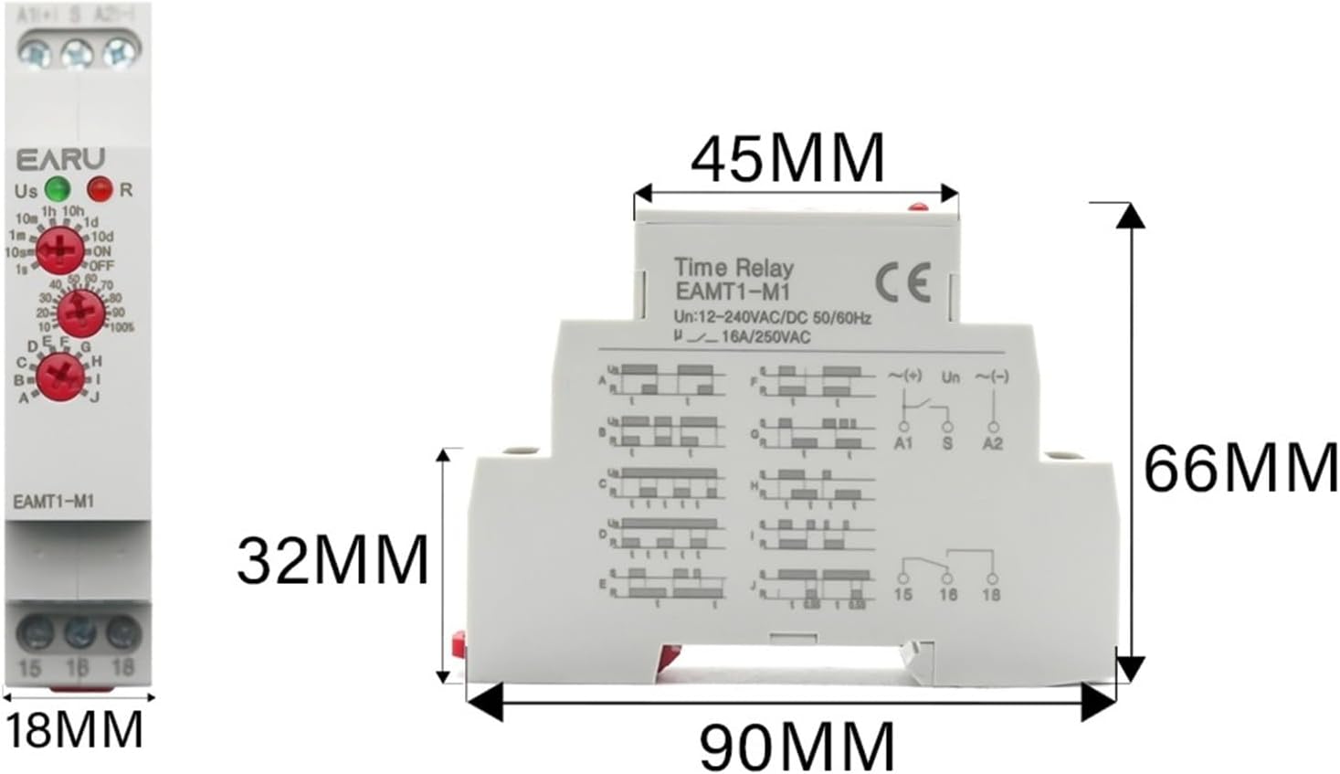 12-240VAC/DC Din Rail Type 0.1 Second -10 Days Time Delay Relay 16A/250VAC Multifunction Timer with 10 Function Choices(EAMT1-M2)
