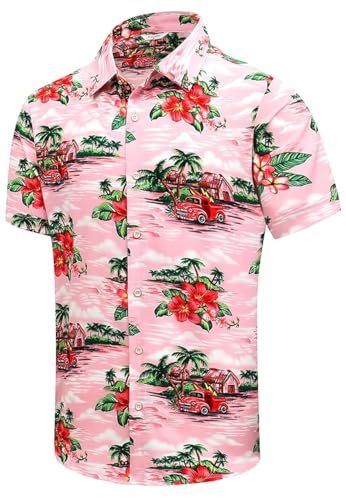 SheLucki Hawaiian Shirt for Men Unisex Summer Beach Casual Short Sleeve Button Down Shirts Printed Palmshadow Clothing Car Pink XL