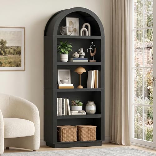 Bestier 76 Tall Arched Bookshelf 5 Tier Arched Bookcase with Adjustable Book Shelves Large Arch Wood Bookshelf Modern Farmhouse Open Display Tall Bookcase for Bedroom Home Office Bedroom Black