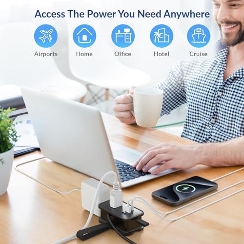 Image of Travel Charger for Multiple Devices, Flat Plug Power Strip 3ft Adapter Extension Cord, 3 AC Outlets, 2 USB & 1 Fast Charging USB-C, No Surge Cruise Approved, Portable Power Strip