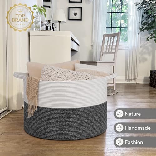 Image of INDRESSME 115L Extra Large Cotton Rope Blanket Basket, Woven Baby Laundry Baskets for Clothes Pillows Towel, Toy Baksets for Kids, White & Gray