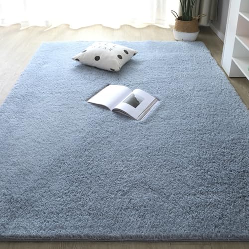 Tapis à poils longs moderne bleu gris lavable grand format - 2