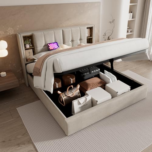 Upholstered Ottoman Bed 5ft King Size Bed Frame with Storage and USB Tyep-C Wireless Charging Linen Fabric Ottoman Lift Up Upholstered Bed with Storage Headboard and Slats No Mattress Natural