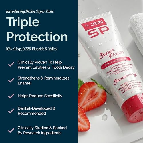 Image of Dr. Jen Super Paste Toothpaste with Fluoride + 10% Premium Nano Hydroxyapatite, Xylitol, Strawberry, SLS Free, Vegan, Dentist Designed, Essential Oils, Fresh Clean Feel, 1 Pack